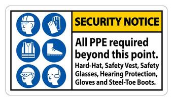 Security Notice PPE Required Beyond This Point. Hard Hat, Safety Vest, Safety Glasses, Hearing Protection vector