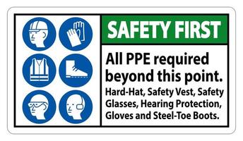 Safety First PPE Required Beyond This Point. Hard Hat, Safety Vest, Safety Glasses, Hearing Protection vector