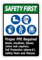Safety First Sign Proper PPE Required Boots, Hardhats, Gloves When Task Requires Fall Protection With PPE Symbols vector