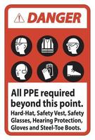 Danger PPE Required Beyond This Point. Hard Hat, Safety Vest, Safety Glasses, Hearing Protection vector