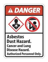 etiqueta de seguridad de peligro, peligro de polvo de amianto, peligro de cáncer y enfermedad pulmonar solo personal autorizado vector