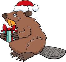 cartoon beaver animal character with gift on Christmas time vector