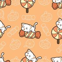 gatos de patrones sin fisuras y dulces en el día de halloween vector