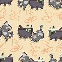 Seamless pattern cat and cauldron cartoon vector