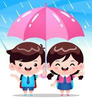 Cute Students Under Umbrella During The Rain Weather. vector