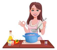 mujer cocinando en casa. chica alegre vector