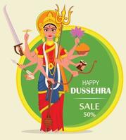 Happy Dussehra vector illustration for sale, shopping. Maa Durga on abstract green background