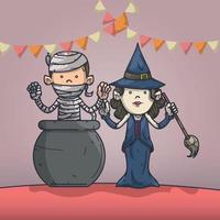 Mummy and witch with cauldron vector illustration