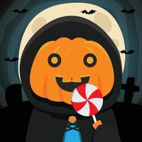 niña de dibujos animados con disfraz de calabaza de halloween con caramelos vector