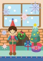 personaje elfo de dibujos animados sosteniendo un regalo en una habitación vector