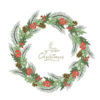 Christmas wreath with winter floral elements. Decorated wreath of pine branches realistic look, with berries, star and pearl decorations vector