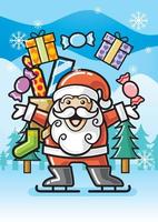 Merry Christmas Santa Claus with gift box and candy vector illustration isolated winter landscape