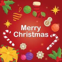 tarjeta de felicitación navideña con galletas, pelota, bastón de caramelo, adornos navideños, caja de regalo, muñeca y calcetines vector