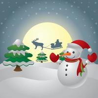 Cute snowman on the background of night sky with a bright moon and the silhouette of Santa Claus flying on a sleigh pulled by reindeer vector