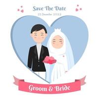 cute muslim couple for wedding invitation in black suit and white hijab dress. save the date vector illustration