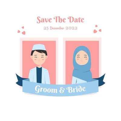 muslim couple with portrait photo for wedding invitation with ribbon label. save the date vector illustration