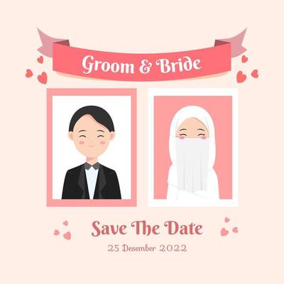 muslim couple with portrait photo for wedding invitation with ribbon label. save the date vector illustration