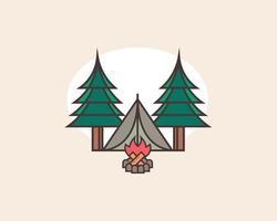 Camping vector , tent with campfire and trees .