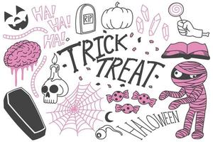 Set of Halloween doodles, trick or treat drawings vector