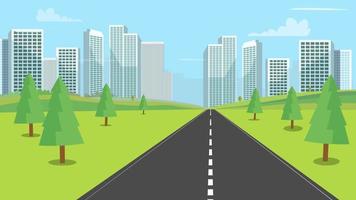 Street nature landscape with modern city backgroud vector illustration.Urban town cityscape and nature road.Nature path to downtown