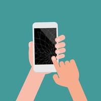 Broken smartphone with black screen and isotad green background.Crashed cell phone flat cartoon style .Hands touching phone crack concept
