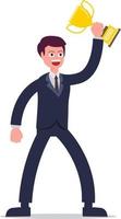 Businessman holding trophy with isolated white background.Cartoon character businessman design and happy working. Business success concept. vector