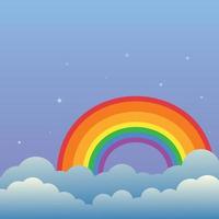 Rainbow in the night sky with clouds and stars cartoon vector illustration.Nature colorful rainbow on clouds