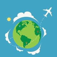 Plane travel around the world with nature landscape and map.Travel around the planet concept.Vector illustration. vector