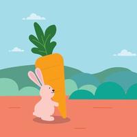 Cute rabbit hold big carrot cartoon with nature scene vector illustration.Character design of rabbit and sky background