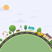 Urban city scene with nature landscape vector illustration.Nature scene with road and sky background.Flat town with car travel