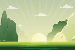 morning nature landscape with sunrise vector illustration.Green nature scene with hills and sky background