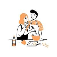 Hand drawn young man and woman cooking vector