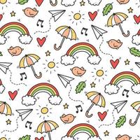 Cute seamless doodle pattern with cloud, rainbow vector