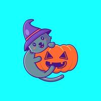 Cute Black Cat holding Pumpkin happy halloween Cartoon Illustration vector