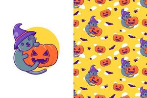 Cute cat and pumpkin happy halloween with seamless pattern vector