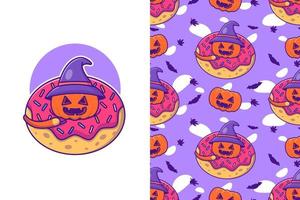 linda calabaza en donas halloween con patrones sin fisuras vector