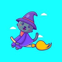 Cute witch cat flying with broom happy halloween cartoon illustrations vector
