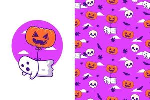 Cute ghost with pumpkin balloon happy halloween with seamless pattern vector