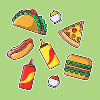 Cute fast food cartoon stickers pack vector