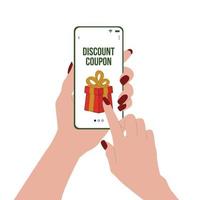 Female hands are holding a mobile phone with an online shopping coupon. Big sales in the store's mobile app. Flat vector illustration
