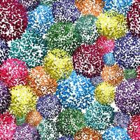 Vector seamless pattern with small furry flowers or pompoms in variety of bright colors can be used for web, print, wallpaper, spring summer fashion, fabric, textile, card background.