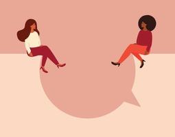 Women talking concept. Strong girls sitting and having a discussion on a big speech bubble while looking to each other. Women empowerment movement, gender equality, business women concept. Vector. vector