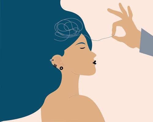 A Helping hand unravels the tangle of negative thoughts of a woman with mental health illness, anxiety and depression. Psychological support, psychotherapy, psychology concept. Vector illustration