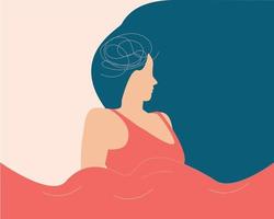 Woman stands in the choppy water feeling lost and stressed. Depressed girl with flying hair looks confused. Concept of mental health disorders, psychological problems or disease. Vector illustration