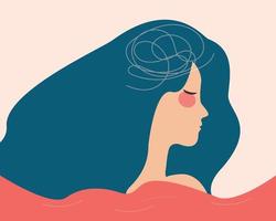 Girl stands in the choppy water feeling lost and confused. Depressed woman with flying hair looks frustrated. Concept of mental health disorders, psychological problems or illness. Vector illustration
