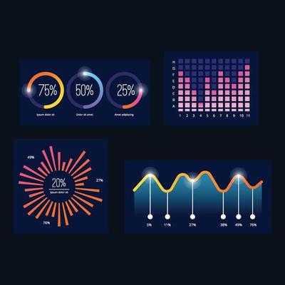 Modern infographic business future charts monitor screen dark ui theme bullets frames diagram graph vector simple dashboard elements