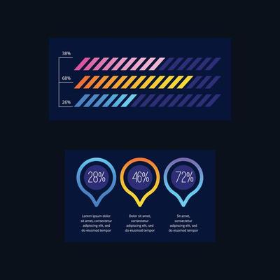 Modern infographic business future charts monitor screen dark ui theme bullets frames diagram graph vector simple dashboard elements