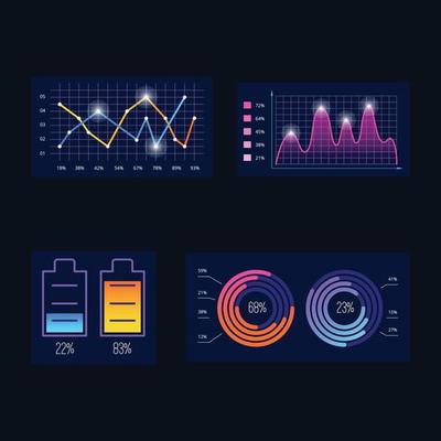 Modern infographic business future charts monitor screen dark ui theme bullets frames diagram graph vector simple dashboard elements