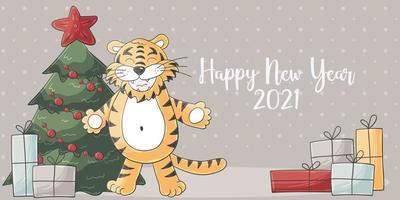 Tiger in hand draw style. Symbol of 2022. Collection New Year 2022 vector