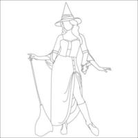 witch on broom stick - coloring page, Halloween coloring pages for kids and teenagers. vector